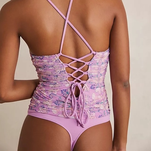 FREE People Pink Floral Butterfly Milkshake Mesh Lace Up Back Bodysuit sz Small - Picture 3 of 12